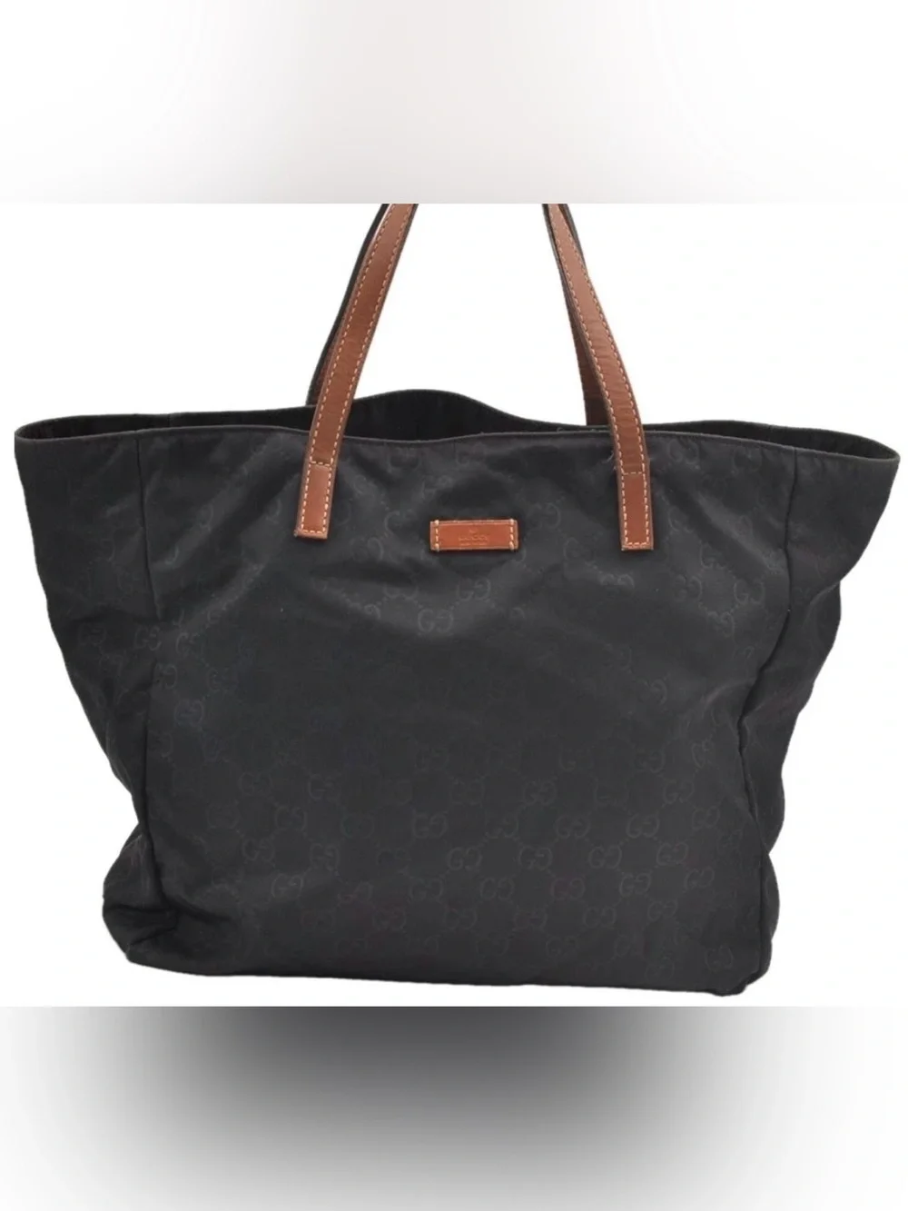 Gucci Black GG Canvas Tote with Brown Leather Handles